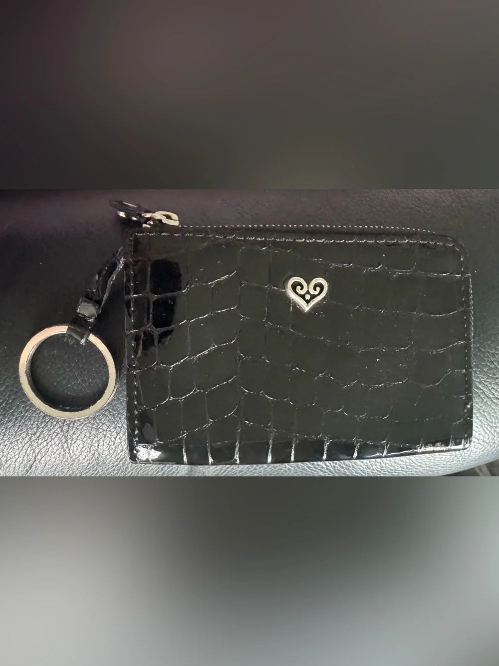 Brighton Black Croc Patent Zip Key Chain/Card Wallet with Heart zipper pull